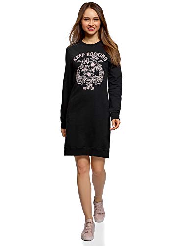 oodji Ultra Mujer Vestido de Estilo Deportivo con Estampado y Pedrería, Negro, ES 36 / XS