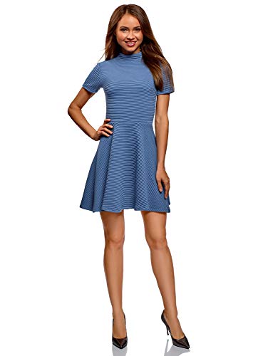 oodji Ultra Mujer Vestido de Tejido Texturizado con Parte Inferior Acampanada, Azul, ES 36 / XS