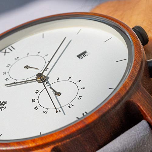 Opis UR-M2: Elegante cronógrafo de Cuatro cuadrantes en Madera, Metal y Cuero/Reloj de Madera multifunción (Sándalo Rojo)