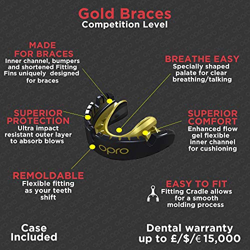 OPRO Gold Braces Protector bucal para Rugby, Hockey, Artes Marciales Mixtas, Lacrosse, fútbol Americano, Baloncesto y más (Negro).