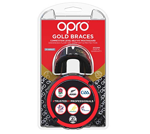 OPRO Gold Braces Protector bucal para Rugby, Hockey, Artes Marciales Mixtas, Lacrosse, fútbol Americano, Baloncesto y más (Negro).