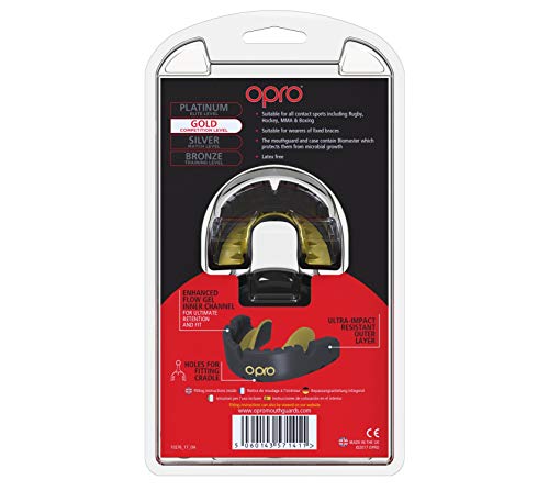 OPRO Gold Braces Protector bucal para Rugby, Hockey, Artes Marciales Mixtas, Lacrosse, fútbol Americano, Baloncesto y más (Negro).