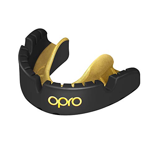 OPRO Gold Braces Protector bucal para Rugby, Hockey, Artes Marciales Mixtas, Lacrosse, fútbol Americano, Baloncesto y más (Negro).