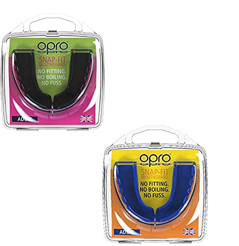 Opro Paquete Doble de Protector bucal Adultos, con Cierre a presión, para Rugby, Hockey, Artes Marciales Mixtas, Boxeo (Colores Azul y Blanco)