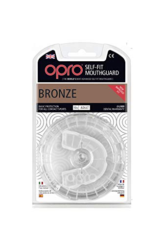 OPRO Protector bucal de Rugby Self-Fit Bronze - Protector bucal - para Baloncesto, Hockey, Artes Marciales Mixtas (Blanco, Adulto) OPRO Protector bucal de Rugby Self-Fit Bronze - Protector bucal - para Baloncesto, Hockey, Artes Marciales Mixtas (Blanco, Adulto)