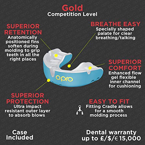 OPRO Protector Bucal Self-Fit Gold - Protector bucal - para Rugby, Hockey, Lacrosse, fútbol Americano, Baloncesto y más - Fabricado en Reino Unido (Negro/Oro, Adulto) OPRO Protector Bucal Self-Fit Gold - Protector bucal - para Rugby, Hockey, Lacrosse, fútbol Americano, Baloncesto y más - Fabricado en Reino Unido (Negro/Oro, Adulto)