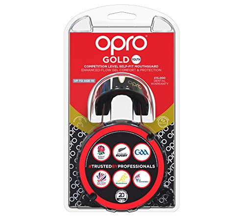 OPRO Protector Bucal Self-Fit Gold - Protector bucal - para Rugby, Hockey, Lacrosse, fútbol Americano, Baloncesto y más - Fabricado en Reino Unido (Negro/Oro, Adulto)