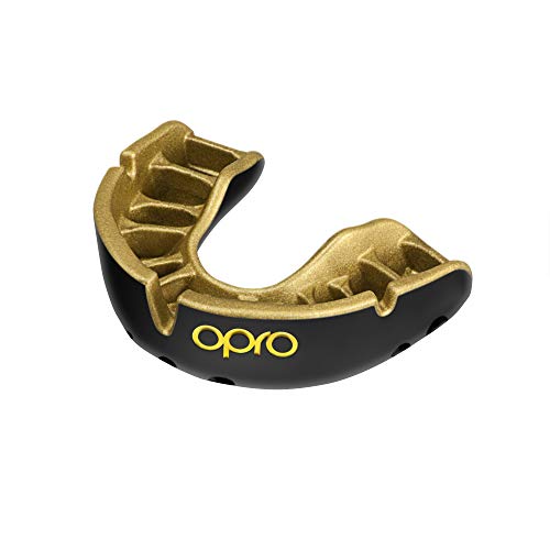 OPRO Protector Bucal Self-Fit Gold - Protector bucal - para Rugby, Hockey, Lacrosse, fútbol Americano, Baloncesto y más - Fabricado en Reino Unido (Negro/Oro, Adulto)