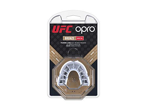 OPRO Protector bucal UFC Adulto para MMA, Boxeo, BJJ, Karate y Otros Deportes de Combate - 18 Meses de garantía Dental (Blanco, Nivel de Protección: Bronce)