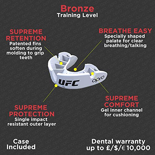 OPRO Protector bucal UFC Adulto para MMA, Boxeo, BJJ, Karate y Otros Deportes de Combate - 18 Meses de garantía Dental (Blanco, Nivel de Protección: Bronce)