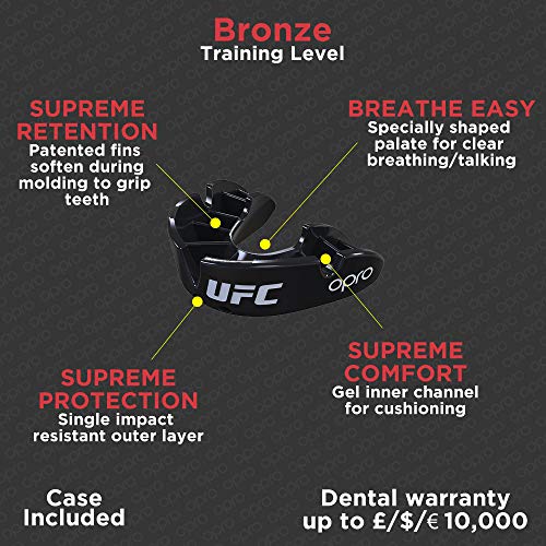 OPRO Protector bucal UFC Adulto para MMA, Boxeo, BJJ, Karate y Otros Deportes de Combate - 18 Meses de garantía Dental (Negro, Nivel de Protección: Bronce)