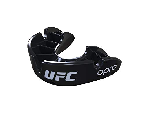 OPRO Protector bucal UFC Adulto para MMA, Boxeo, BJJ, Karate y Otros Deportes de Combate - 18 Meses de garantía Dental (Negro, Nivel de Protección: Bronce)