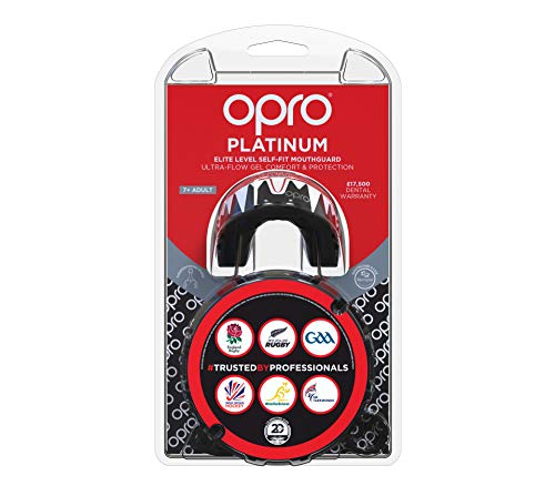 OPRO Self-Fit Platinum Protector bucal - para, Rugby, Hockey, Artes Marciales Mixtas, y Otros Deportes de Contacto (Negro/Rojo/Blanco)