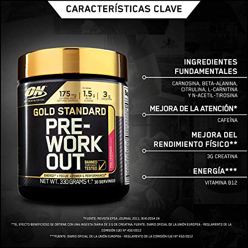 Optimum Nutrition Gold Standard Pre Workout en Polvo, Bebida Energética con Creatina Monohidratada, Beta Alanina, Cafeína y Vitamina B Complex, limonada rosa, 30 porciones, 330 g