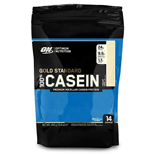 Optimum Nutrition ON 100% Gold Standard Casein, Proteínas en Polvo con BCAA Aminoacidos Ramificados y Esenciales, para recuperación, bajo en Azúcar, Vainilla, 14 porciones, 450 g