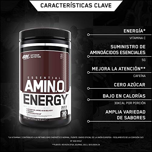 Optimum Nutrition ON Amino Energy Pre Workout Powder Keto Friendly con Beta Alanina, Cafeína, Vitamina C, Aminoacidos Micronizados Incluyendo BCAA, Cola, 30 Porciones, 270 gr Optimum Nutrition ON Amino Energy Pre Workout Powder Keto Friendly con Beta Alanina, Cafeína, Vitamina C, Aminoacidos Micronizados Incluyendo BCAA, Cola, 30 Porciones, 270 gr