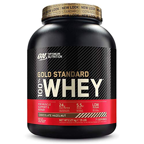 Optimum Nutrition ON Gold Standard 100% Whey Proteína en Polvo Suplementos Deportivos, Glutamina y Aminoacidos, BCAA, Chocolate y Avellana, 70 porciones, 2.24 kg, Embalaje puede variar