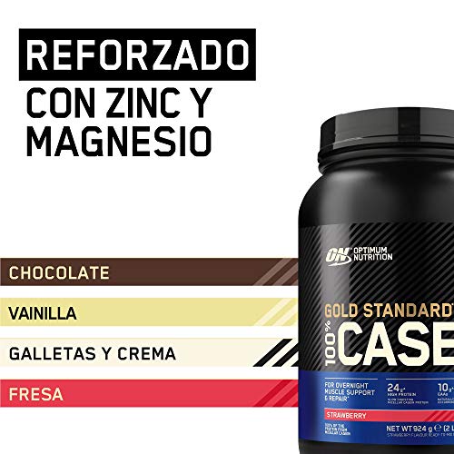 Optimum Nutrition ON Gold Standard Casein, Proteinas de caseina en polvo con BCAA Aminoacidos esenciales, Zinc y Magnesio en polvo, fresa, 28 porciones, 0.9 kg, embalaje puede variar