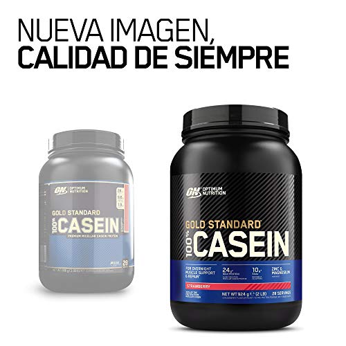 Optimum Nutrition ON Gold Standard Casein, Proteinas de caseina en polvo con BCAA Aminoacidos esenciales, Zinc y Magnesio en polvo, fresa, 28 porciones, 0.9 kg, embalaje puede variar