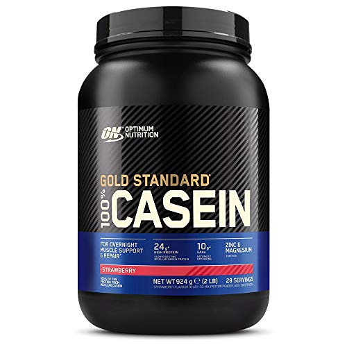 Optimum Nutrition ON Gold Standard Casein, Proteinas de caseina en polvo con BCAA Aminoacidos esenciales, Zinc y Magnesio en polvo, fresa, 28 porciones, 0.9 kg, embalaje puede variar