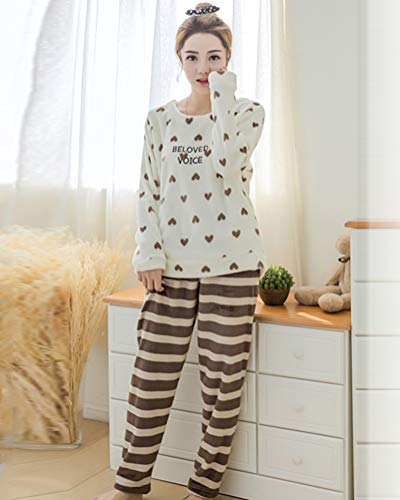 ORANDESIGNE Pijamas de Franela para Damas de otoño e Invierno Engrosamiento de Pijamas caseros Pijamas más Suaves para Mujeres Pijamas con Pijamas de Manga Larga Blanco Corazón ES 36