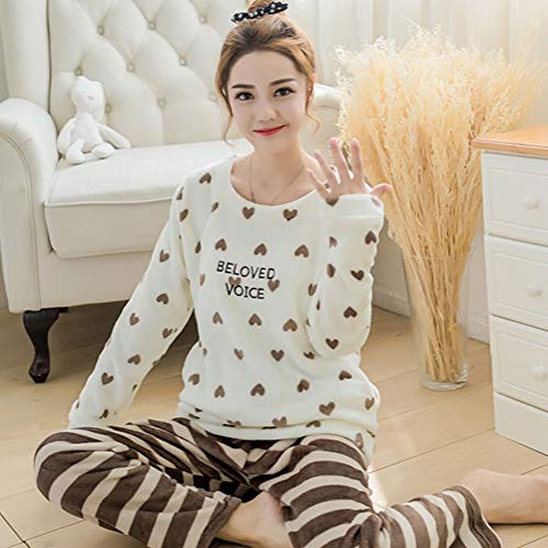 ORANDESIGNE Pijamas de Franela para Damas de otoño e Invierno Engrosamiento de Pijamas caseros Pijamas más Suaves para Mujeres Pijamas con Pijamas de Manga Larga Blanco Corazón ES 36