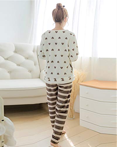 ORANDESIGNE Pijamas de Franela para Damas de otoño e Invierno Engrosamiento de Pijamas caseros Pijamas más Suaves para Mujeres Pijamas con Pijamas de Manga Larga Blanco Corazón ES 36