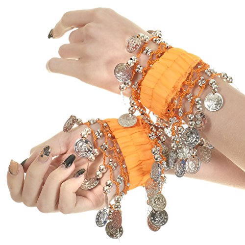 (Orange/Silver) - Belly Dance Wrist Cuff Bracelet (Pair)