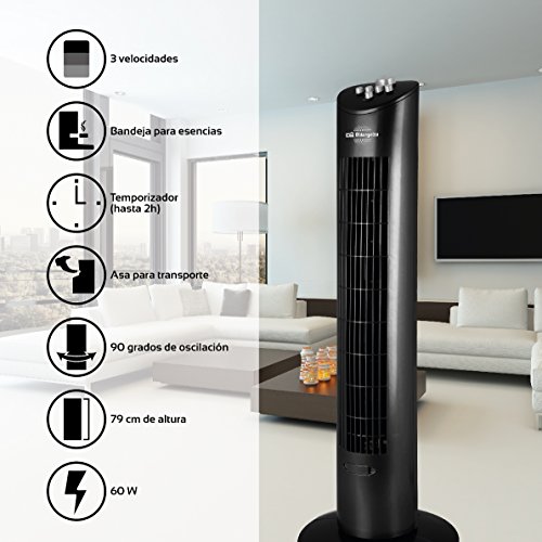 Orbegozo TW 0800 Ventilador de Torre con Temporizador, Bandeja para Esencias, 3 Velocidades, Movimiento Oscilante y 60W, 60 W, 200 Decibelios, Multicolor