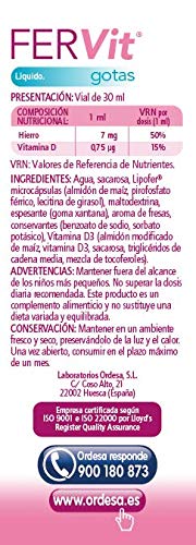 Ordesa Fervit Liquido en Gotas - 30 ml Complemento alimenticio para niños a base de hierro y vitaminas - 1 ml al día.