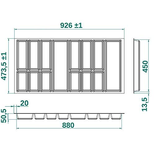 Orga-Box® IV Universal Cubertero de Color Gris Argentado para Cajón de 100 cm (473,5 x 926 mm)