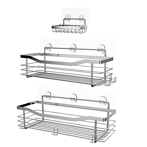 Orimade Adhesivo Estantes Cesta para Ducha Estanteria con 5 Colgadores Organizador Baño SUS304 Acero Inoxidable Sin Taladro - Pack de 3