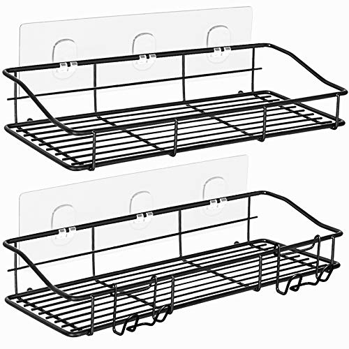 Oriware Adhesivo Negro Estante Ducha con Ganchos Cesta Estanteria Organizador Baño Inodoro Cocina Sin Taladro SUS304 Acero Inoxidable - 2 Piezas