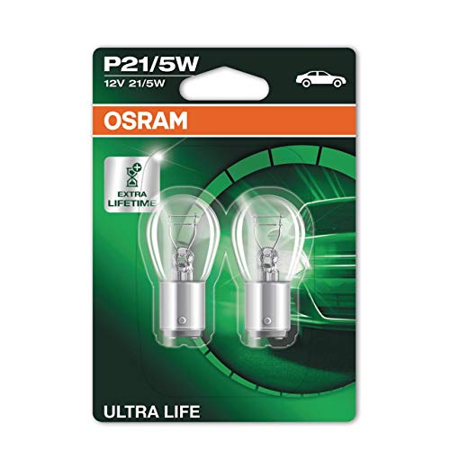 OSRAM ULTRA LIFE P21/5W, lámpara de señalización halógena, luz de freno, luz adicional trasera, 7528ULT-02B, automóvil de 12 V, ampolla doble (2 unidades)