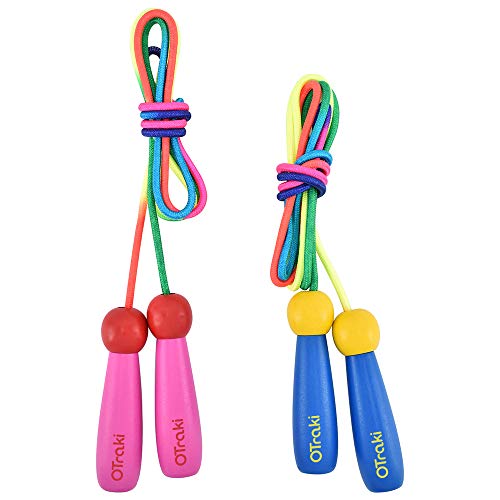 OTraki Cuerda Saltar 2 Pack 2M Skipping Rope Kids Ajustable con Mango de Madera y Cuerda de Algodón para Niños Junp Ropes 5-10 Años para el Juego Escolar o Actividad al Aire Libre