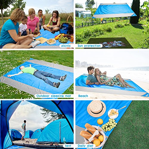 OUSPT Alfombras de Playa, Manta Picnic Impermeable 210 * 200cm Anti-Arena con 4 Estaca Fijo para la Playa, Picnic, Acampa y Otra Actividad al Aire Libre