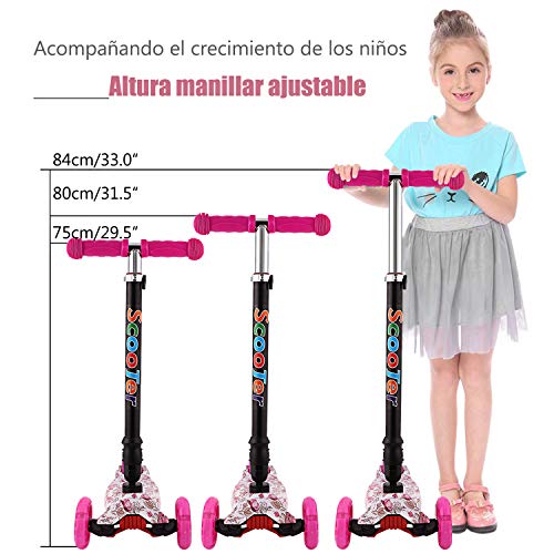 OUTCAMER Patinete Niño Niña 3 a 14 Años Patinete 3 Ruedas Led Luces con Patinete Plegable Scooter Altura Manillar Ajustable 75-84cm con Freno Posterior Monopatin Tres Ruedas Máxima 50 KG