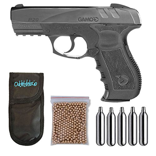 Outletdelocio Pack Pistola perdigon Gamo GP-20 Combat. Calibre 4,5mm + Funda Portabombonas + balines + Bombonas co2