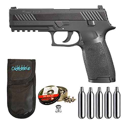 Outletdelocio. Pistola perdigon SSP320B Sig Sauer P320 co2 Blowback 4,5mm + Funda Portabombonas + Balines + Bombonas co2. 23054/29318/38203