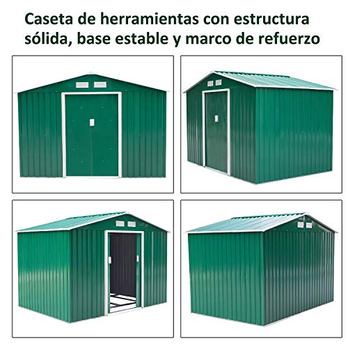 Outsunny Caseta de Jardín Tipo Cobertizo Metálico para Almacenamiento de Herramientas 277x191x192cm Verde Oscuro