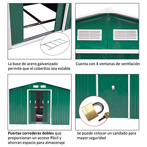 Outsunny Caseta de Jardín Tipo Cobertizo Metálico para Almacenamiento de Herramientas 277x191x192cm Verde Oscuro