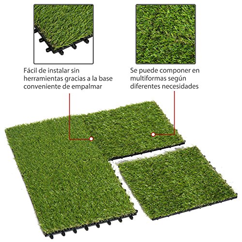 Outsunny Césped Artificial con Altura de Hierba 25mm Tipo Alfombra o Estera de Hierba Sintética de Exterior para Jardín y Terraza 30x30x3,5cm (Modelo 1: 10 Piezas)