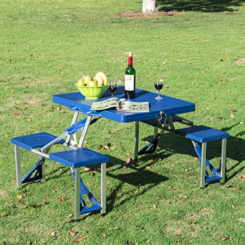 Outsunny Mesa Maleta de Camping Plegable Portátil 4 Asientos y Agujero Sombrilla Estructura Aluminio Playa Picnic 84.5x64.5x66cm (Azul)