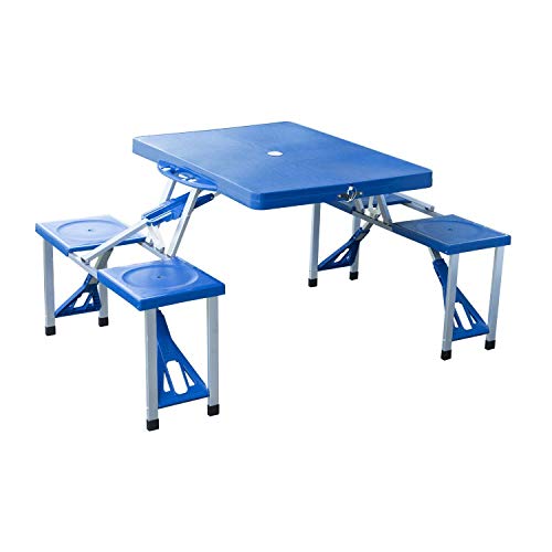 Outsunny Mesa Maleta de Camping Plegable Portátil 4 Asientos y Agujero Sombrilla Estructura Aluminio Playa Picnic 84.5x64.5x66cm (Azul)