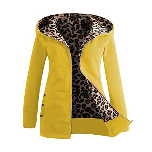 Overdose Las Mujeres MáS De Terciopelo Engrosada con Capucha Linda Dama SuéTer Leopard Cremallera Capa con Capucha Sudadera (Large, Amarillo)