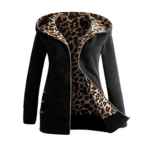 Overdose Las Mujeres MáS De Terciopelo Engrosada con Capucha Linda Dama SuéTer Leopard Cremallera Capa con Capucha Sudadera (Medium, Negro)