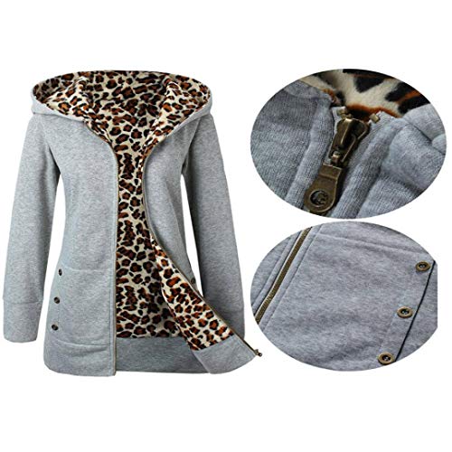 Overdose Las Mujeres MáS De Terciopelo Engrosada con Capucha Linda Dama SuéTer Leopard Cremallera Capa con Capucha Sudadera (Small, Gris)