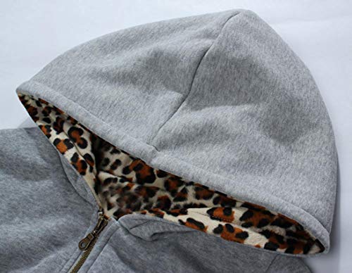 Overdose Las Mujeres MáS De Terciopelo Engrosada con Capucha Linda Dama SuéTer Leopard Cremallera Capa con Capucha Sudadera (Small, Gris)