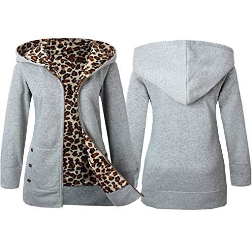 Overdose Las Mujeres MáS De Terciopelo Engrosada con Capucha Linda Dama SuéTer Leopard Cremallera Capa con Capucha Sudadera (Small, Gris)