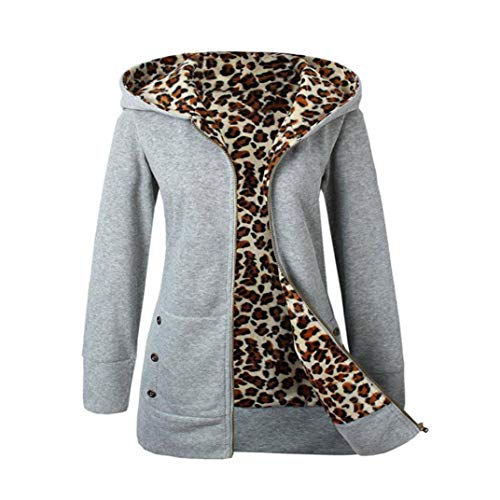 Overdose Las Mujeres MáS De Terciopelo Engrosada con Capucha Linda Dama SuéTer Leopard Cremallera Capa con Capucha Sudadera (Small, Gris)